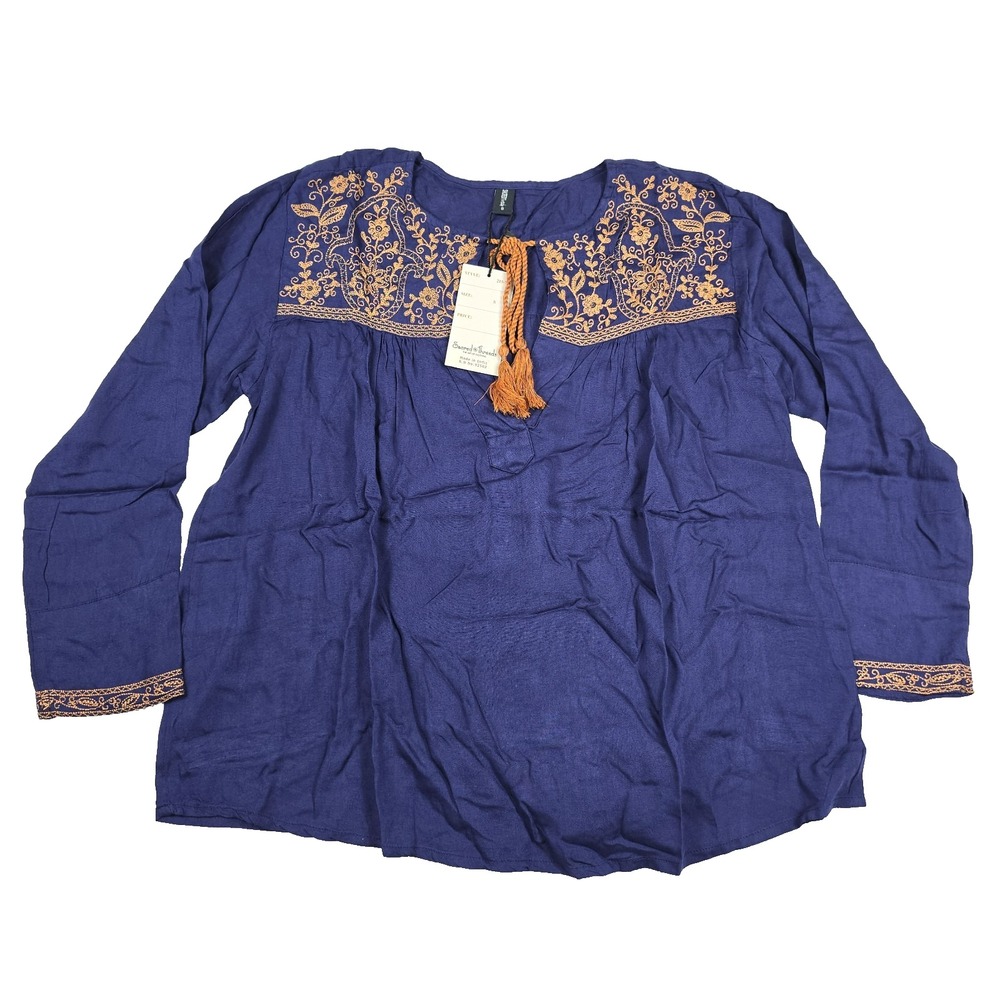 Sacred Threads Women's Tunic Top Blue Gold Embroidered Size Small Long Sleeve